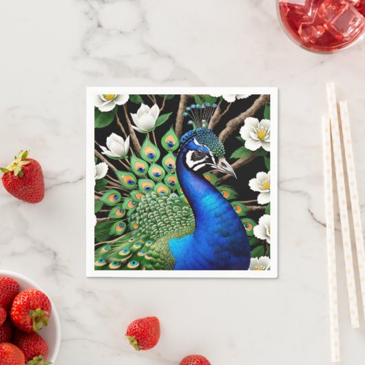 Serviette En Papier Peacock Avec Fleurs (En situation)