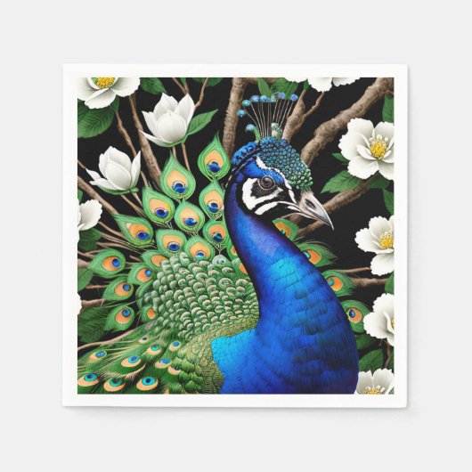 Serviette En Papier Peacock Avec Fleurs (Devant)