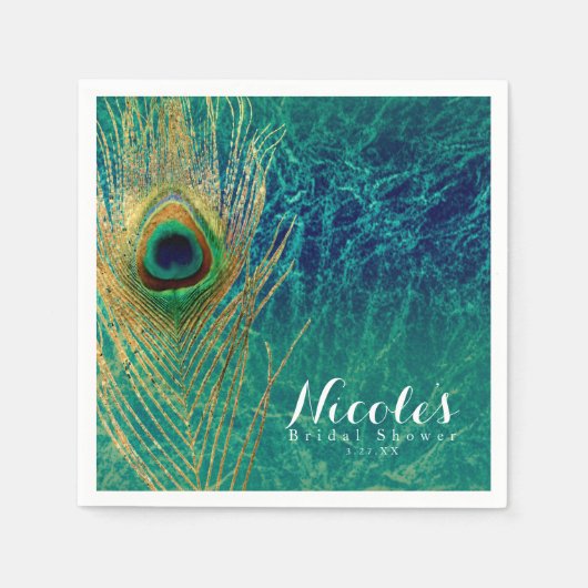 Serviette En Papier Peacock Feather Blue Turquoise Gold Exotique Party (Devant)