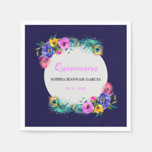 Serviette En Papier Peacock Feathers & Fleurs Quinceañera Purple