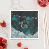 Serviette En Papier Peacock Green & Rose Gold Agate Mariage Monogramme (En situation)