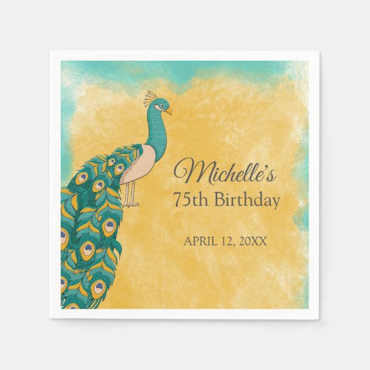 Serviette En Papier Peacock Turquoise Jaune 75e anniversaire (Devant)