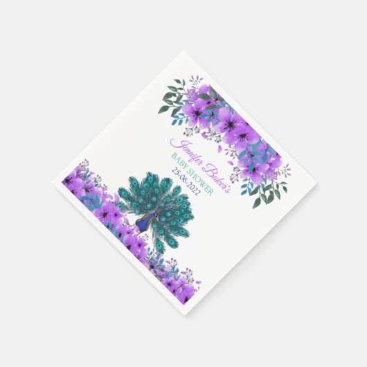 Serviette En Papier Peacock vert et bleu | Fleurs d'aquarelle violette (Coin)