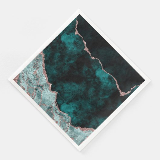 Serviette En Papier Peacock Vert & Rose Gold Agate Mariage Aquarelle (Coin)