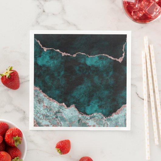 Serviette En Papier Peacock Vert & Rose Gold Agate Mariage Aquarelle (En situation)