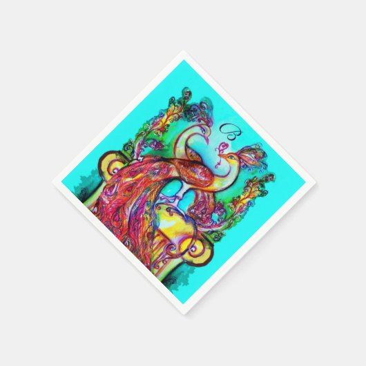Serviette En Papier PEACOCKS EN AMOUR Rouge Aqua Bleu Mariage Monogram (Coin)