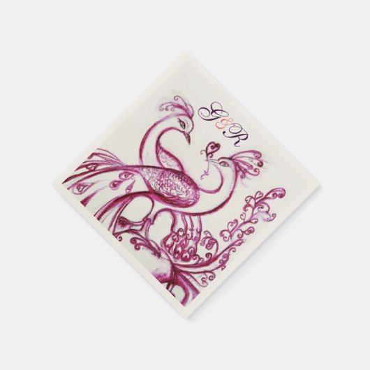 Serviette En Papier PEACOCKS EN AMOUR violet blanc Mariage Monogramme (Coin)