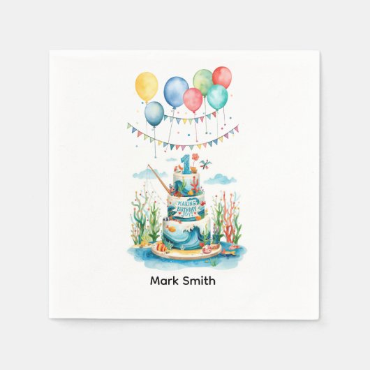 Serviette En Papier Pêche 1er Anniversaire Fête avec Décor de gâteau (Devant)