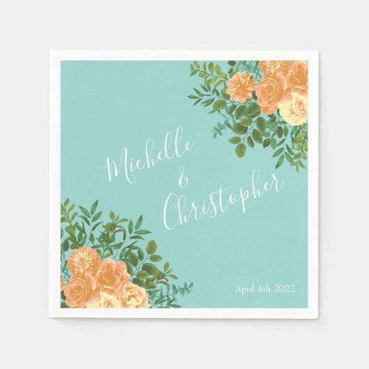 Serviette En Papier Pêche Aqua Turquoise Mariage Roses Floral (Devant)