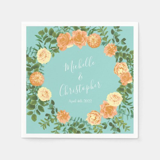 Serviette En Papier Pêche Aqua Turquoise Mariage Roses Floral (Devant)
