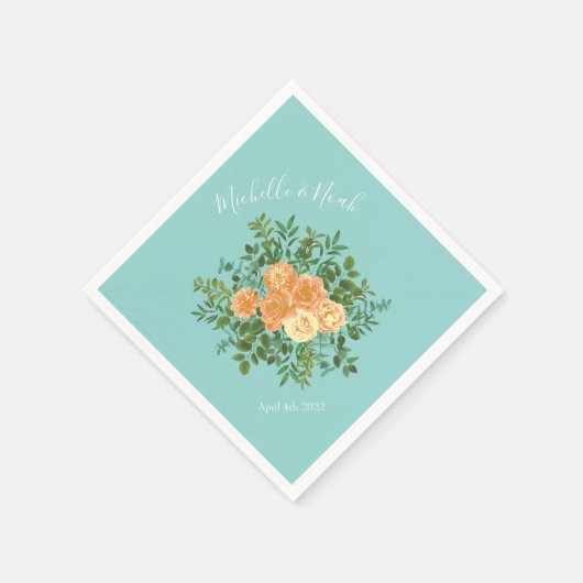 Serviette En Papier Pêche Aqua Turquoise Mariage Roses Floral (Coin)