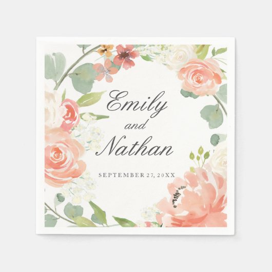 Serviette En Papier Pêche Aquarelle Floral Mariage Napkin (Devant)