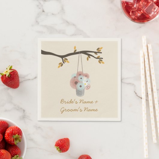 Serviette En Papier Pêche + Fleurs Bleues Mariage de automne serviette (En situation)