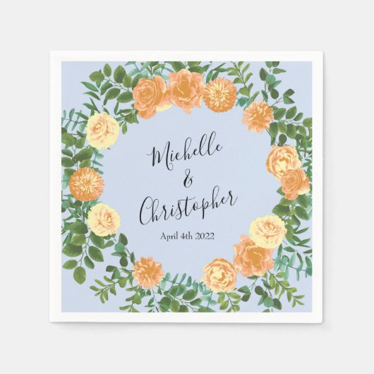 Serviette En Papier Pêcher bleu clair Mariage Roses Floral (Devant)