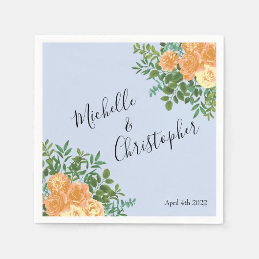 Serviette En Papier Pêcher bleu clair Mariage Roses Floral (Devant)