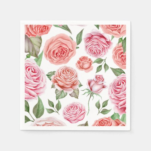 Serviette En Papier Pêcher Corail rose Roses Verdure Feuilles Shabby C (Devant)