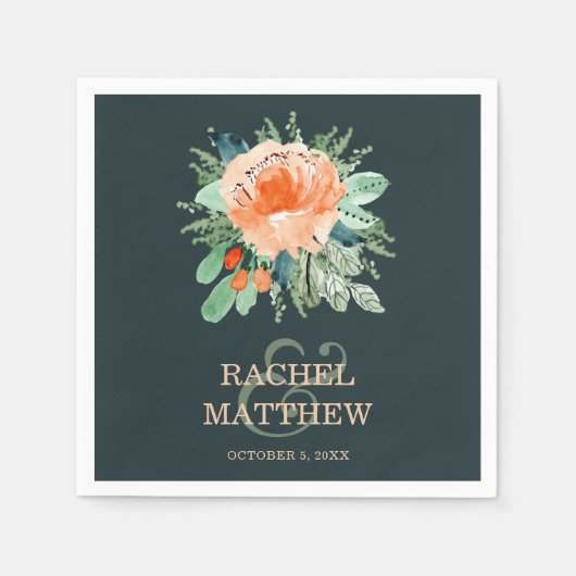 Serviette En Papier Pêcher l'aquarelle Floral sur Mariage Turquoise (Devant)