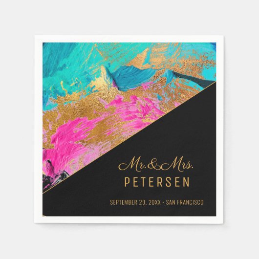Serviette En Papier Peinture acrylique moderne mariage d'or Mr & Mrs. (Devant)