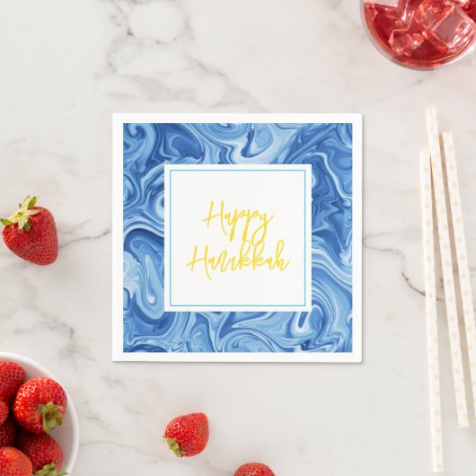 Serviette En Papier Peinture marbrée Bleu Joyeux Hanoukka Jaune (En situation)