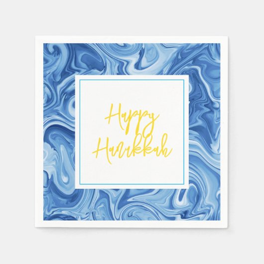 Serviette En Papier Peinture marbrée Bleu Joyeux Hanoukka Jaune (Devant)