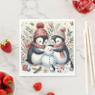 Serviette En Papier Penguins Construisant Un Snowman