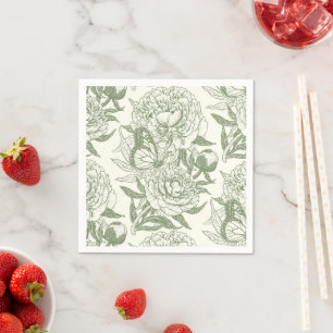 Serviette En Papier Peoné et papillons bloc impression, sauge vert et