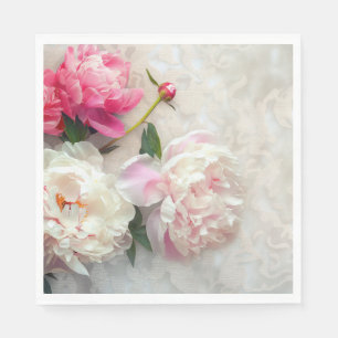 Serviette En Papier Peoné rose et blanc avec arrière - plan dentelle