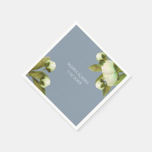 Serviette En Papier Peonies blanches avec serviettes bleu Dusty (Coin)