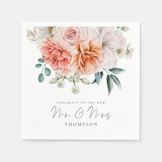 Serviette En Papier Peonies Coral Peach Félicitations M. Mme la Mariag (Devant)