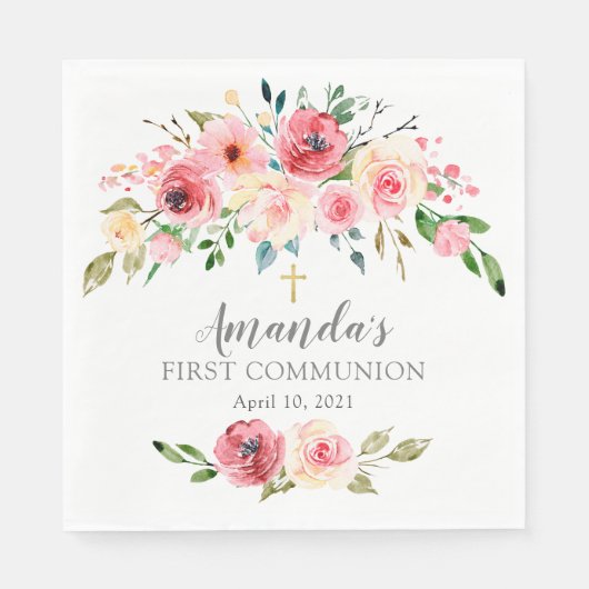 Serviette En Papier Peonies Rose Floral Première communion (Devant)