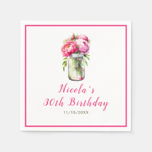 Serviette En Papier Peonies roses Mason Jar Anniversaire (Devant)