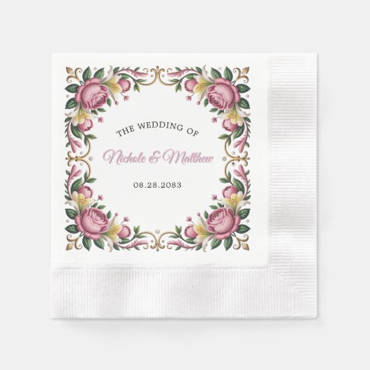 Serviette En Papier Peonies roses Rococo Mariage cadre (Devant)