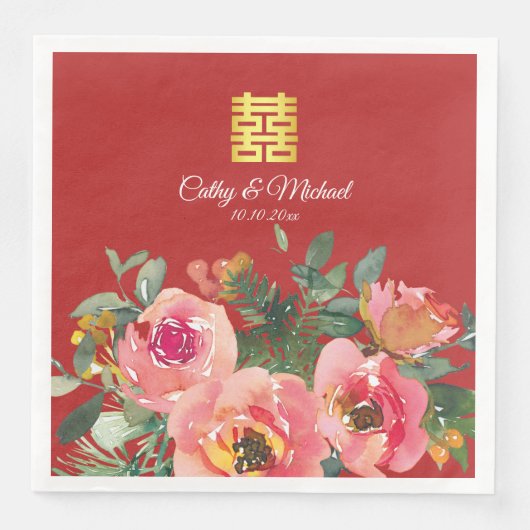 Serviette En Papier Peony floral double bonheur chinois mariage rouge (Devant)