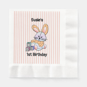 Serviette En Papier Pépinière à rayures roses personnalisées - Lapin