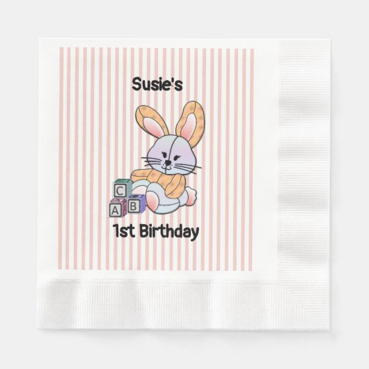 Serviette En Papier Pépinière à rayures roses personnalisées - Lapin (Devant)