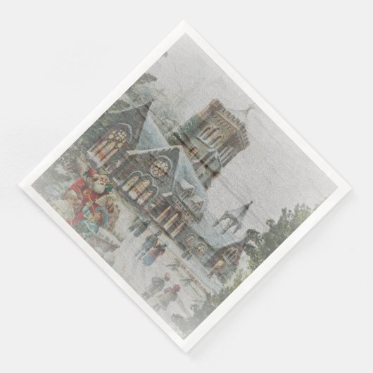 Serviette En Papier Père Noël ancienne avec enfants devant une église (Coin)