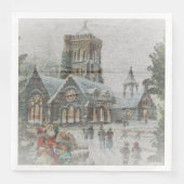 Serviette En Papier Père Noël ancienne avec enfants devant une église (Devant)