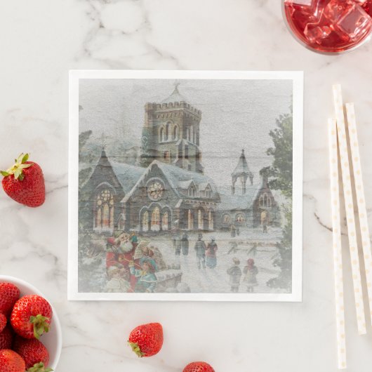 Serviette En Papier Père Noël ancienne avec enfants devant une église (En situation)