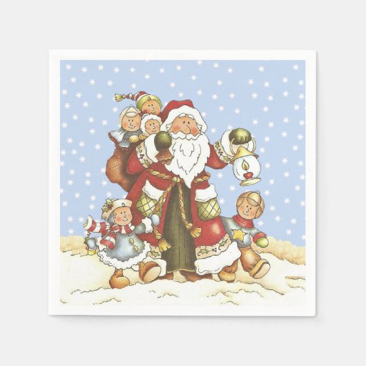 Serviette En Papier Père Noël avec des enfants lanternes dans la neige (Devant)