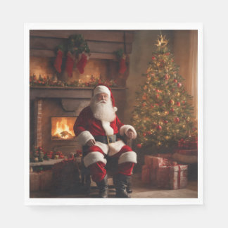 Serviette En Papier Père Noël avec sapin de Noël et cheminée