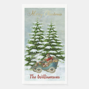Serviette En Papier père Noël Cadeaux dans sa voiture Snow Trees Vin