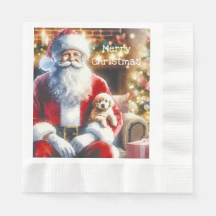 Serviette En Papier Père Noël et un chiot   Noël Vintage