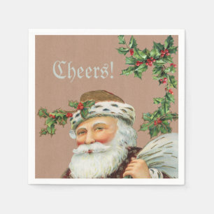 Serviette En Papier Père Noël vintage et Holly sur Kraft Paper Napkin