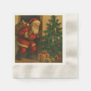 Serviette En Papier Père Noël vintage/retro rendant visite à Noël
