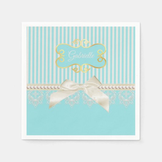 Serviette En Papier Perles et dentelle Aqua Stripes Crème Bow avec nom (Devant)