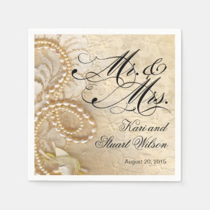 Serviette En Papier Perles et dentelle M & Mme ivoire