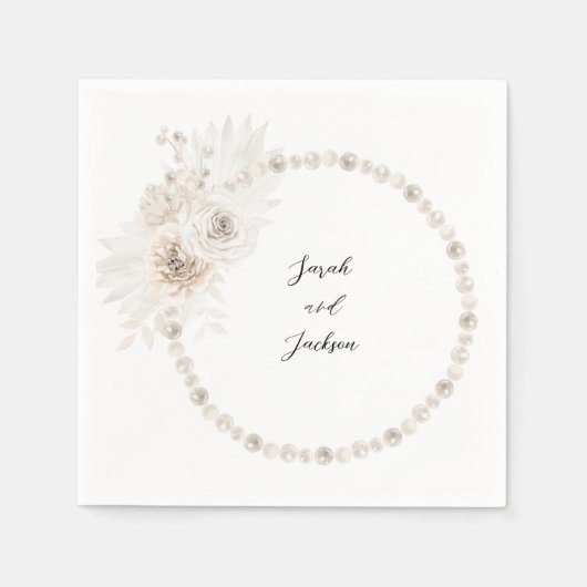 Serviette En Papier Perles & Nom Floral Blanc (Devant)