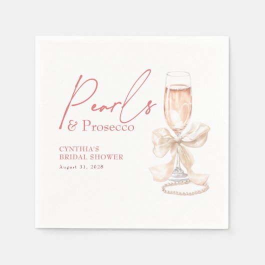 Serviette En Papier Perles White Bow & Prosecco Blush Shower de Mariée (Devant)