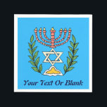 Serviette En Papier Persian Magen David Menorah<br><div class="desc">Cette image a été adaptée à partir d'un carrelage juif perse antique et présente une menorah avec un Magen David (Étoile de David) encadré de branches d'olivier. Les imperfections de l'image originale peinte à la main ont été conservées. Cette image est également disponible sur les invitations à des Bar/Bat mitzvah,...</div>