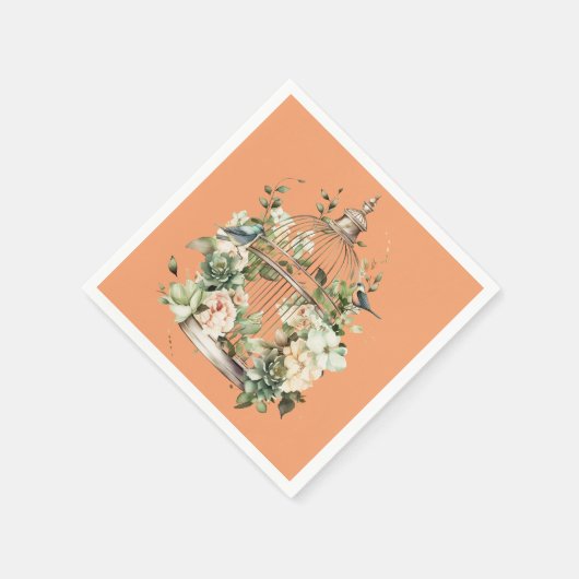 Serviette En Papier Persimmon Orange Blanc Vert Or Oiseau Douche (Coin)